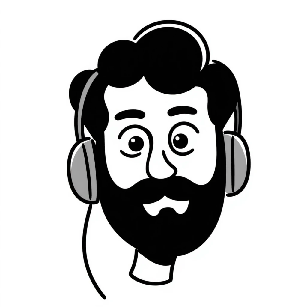 A person with black hair, brown eyes, a black beard, wearing a gaming headset emoji