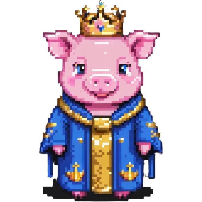 Pink pig character with gold crown and royal robe, Technoblade emoji