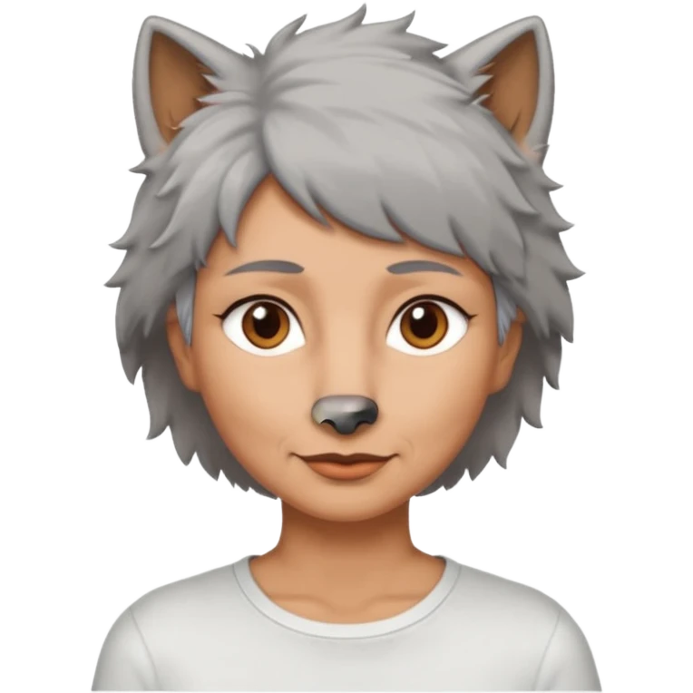 woman 50 years old, short grey fluffy wolf-cut hair, tannes skin and brown eyes emoji