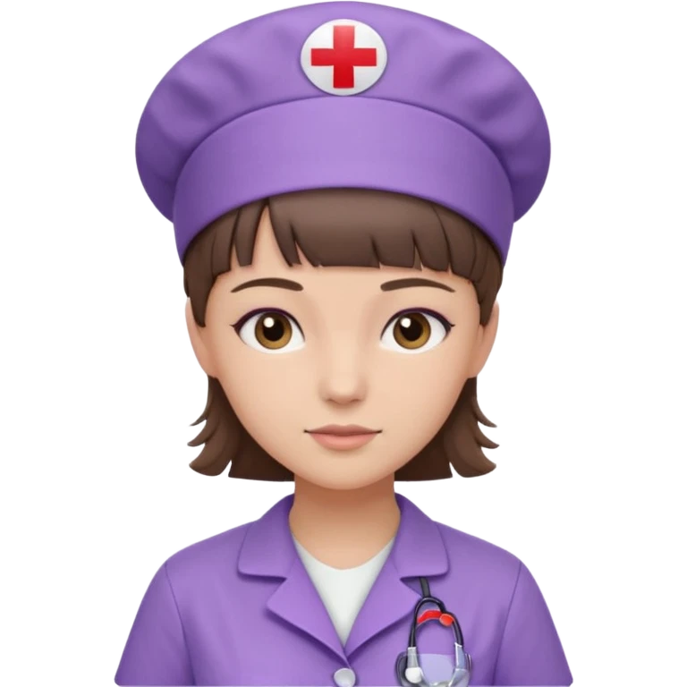 A young female slim nurse with short Brown hair with fringe over her forehead, wearing larvendar purple working cloth, without nurse cap emoji