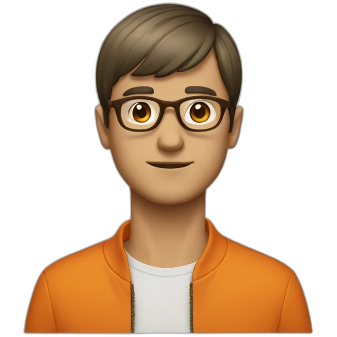 a man with a bowl cut brown glasses, a orange jacket emoji