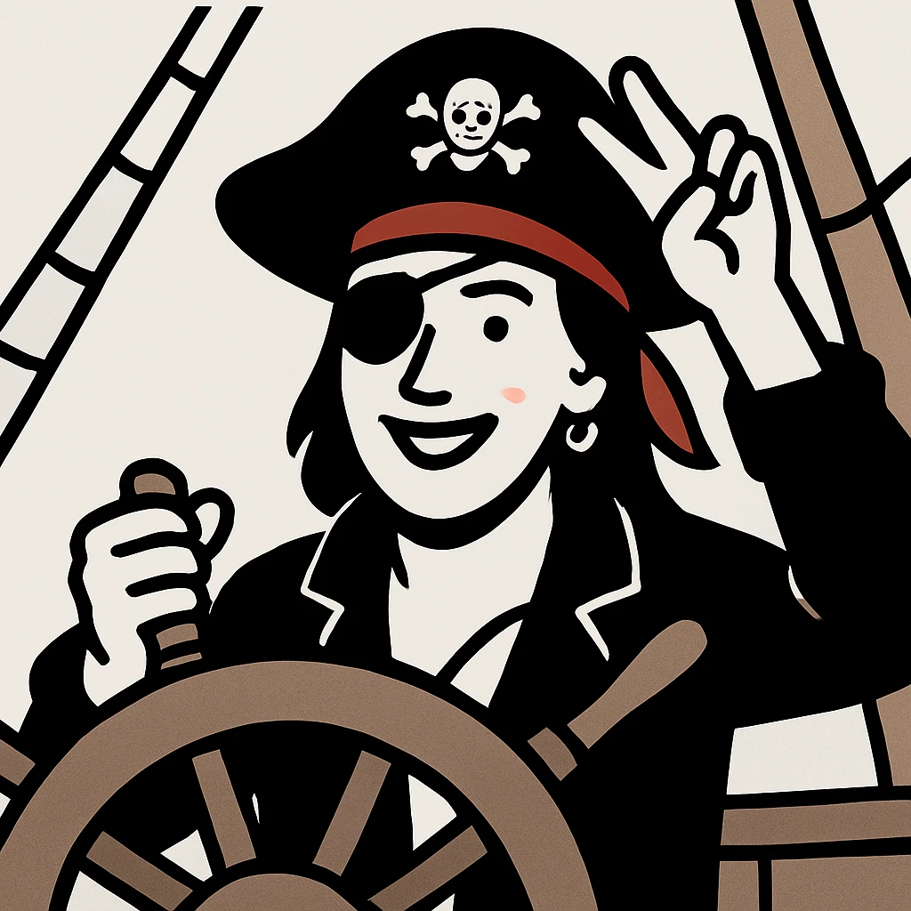 pirate with hat and eye patch at the helm of a pirate ship emoji