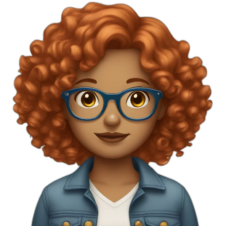 pretty girl with curly copper hair and blue glasses holding a big banner emoji