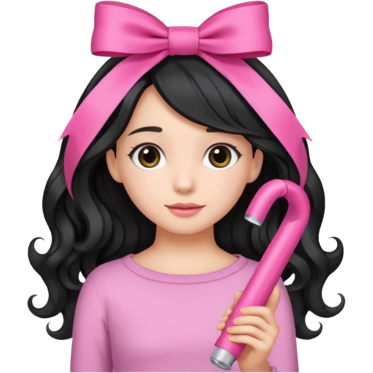 Girl with black wavy not so long hair and a ribbon hair clip make it look like wearing a pink tube emoji