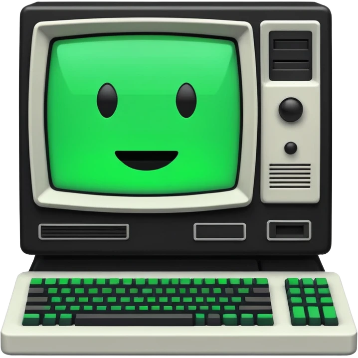White and black 80s computer with face emoji
