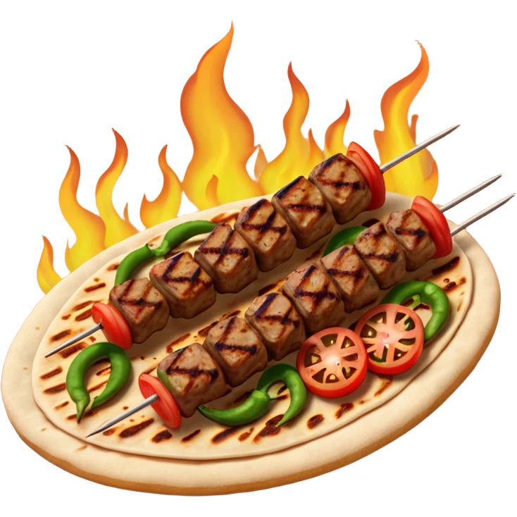 Adana kebab object icon, spicy grilled minced meat skewer, served on flatbread, grilled tomatoes and green peppers on the side, smoky char marks, juicy texture, 3D cartoon, mobile game icon style, centered, clean background, no text, no watermark
 emoji