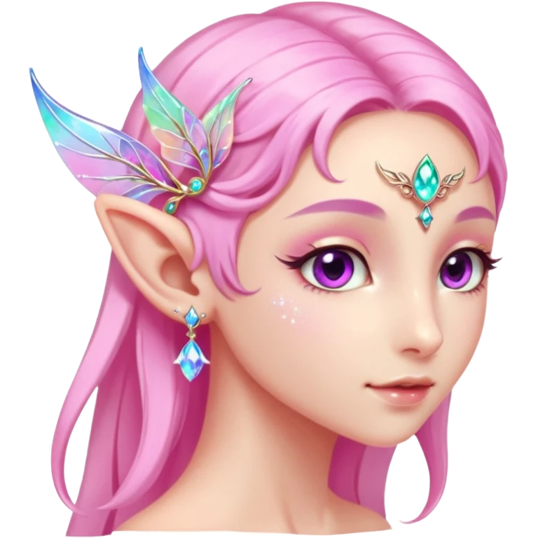 portrait of pink Elvish fae shiny sparkly iridescent translucent diaphanous ear climber ear cuff emoji