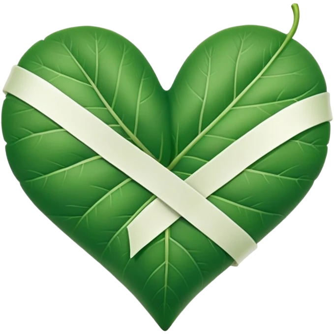  "A minimalist, stylized heart-shaped green leaf with a gentle, curved white bandage or ribbon wrapped around the center. The design should look warm and nurturing. Flat, clean emoji style for natural healing. Transparent background." emoji