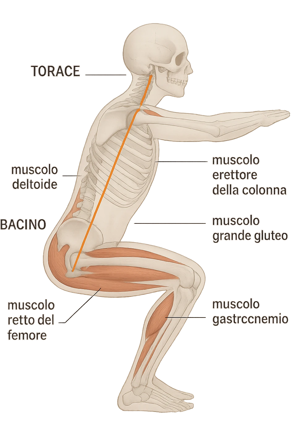 side view of a human figure performing a squat, with transparent overlays showing the skeletal structure. A straight line or highlighted axis connects the pelvis (bacino) and the ribcage (torace), demonstrating correct alignment. Key muscles involved in maintaining posture are labeled. Clean, educational style, white background. emoji