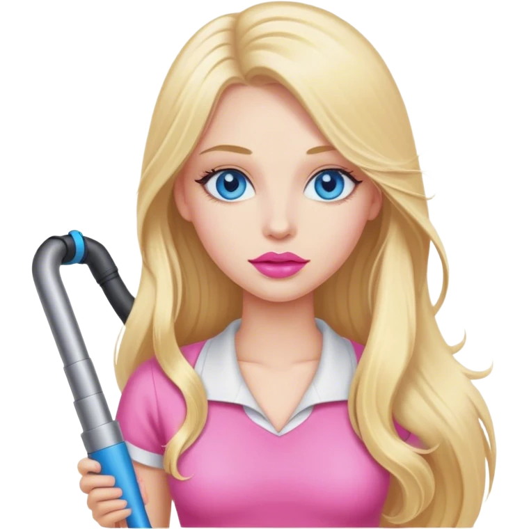 Cinematic realistic blonde with long hair, blue eyes and pink lips vacuums emoji