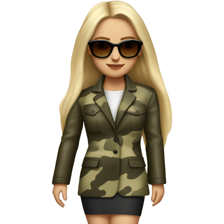 Realistic White woman with Long straight blonde hair and round sunglasses, camouflage Wool oversize blazer, mini skirt and Brown heeled leather boots  emoji