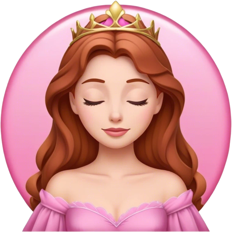Cinematic Radiant Sleeping Beauty Portrait Emoji, rendered in a realistic, vector style with clean proportions. Show Aurora with a gentle smile, porcelain skin, and beautifully styled auburn hair, wearing her classic pink gown. The image glows with a soft, inviting radiance and high shine, accentuated by a soft glowing outline that enhances her graceful charm. emoji