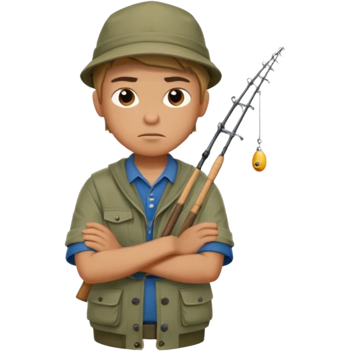 A boy with crossed arms, looking annoyed, dressed in fishing clothes. emoji