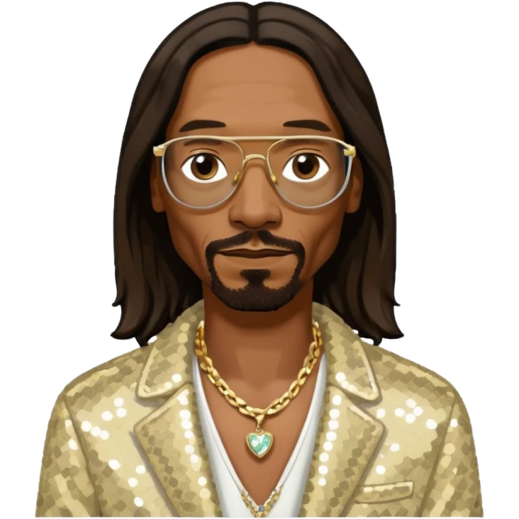 Snoop Dogg with long dark brown hair, ivory sequin jacket, black shirt with necklace emoji