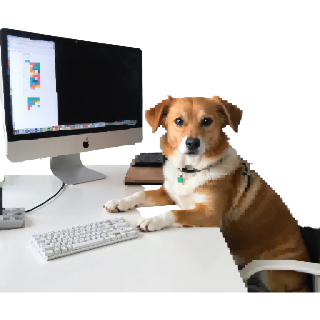 light dog graphic designer at a computer, creative workspace emoji