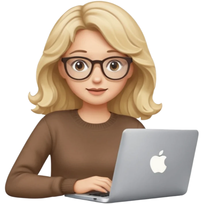 iOS style emoji, upper body view: blonde girl with dark blonde wavy hair, wearing pantos-style glasses and a brown sweater, sitting with a laptop, flat vector design, soft pastel colors, white background, Apple emoji style, upper body shot emoji