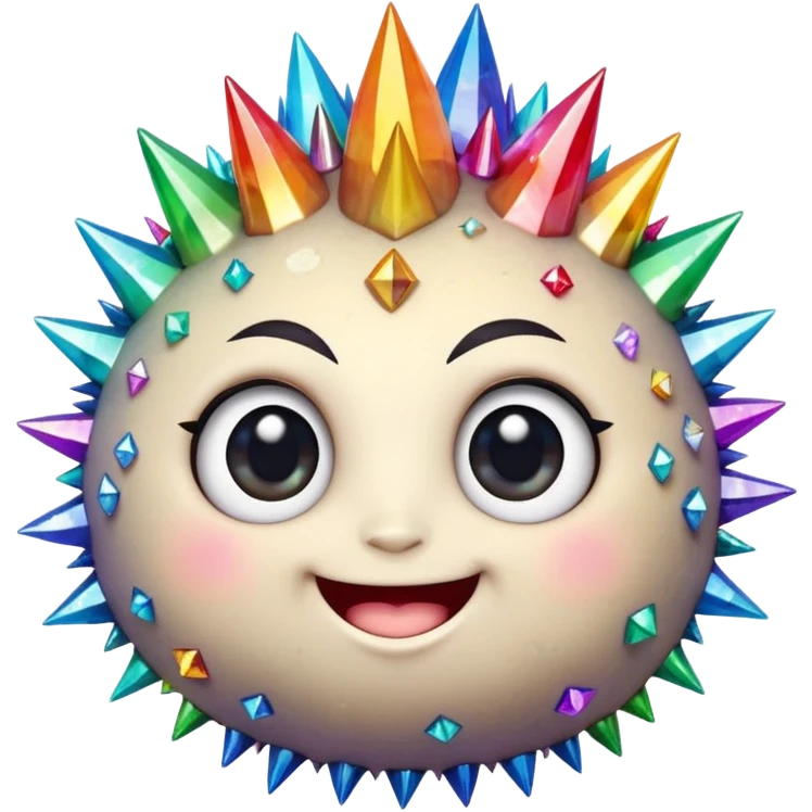 A single spiky crystal rock character, chubby and compact, covered in short chunky crystal spikes and faceted planes, iridescent rainbow colors, cute round face on the front with big glossy eyes and a wide happy smile, emoji
