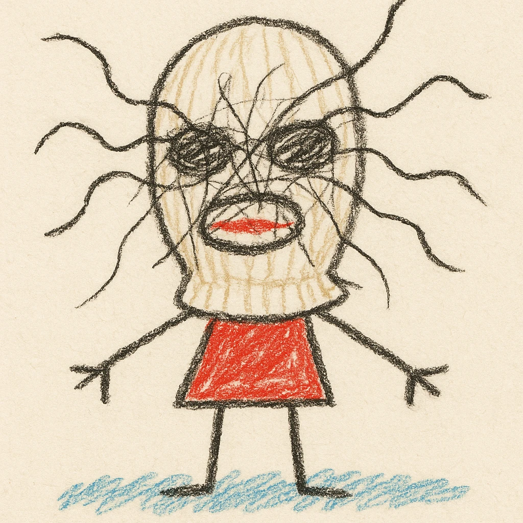 The mask is a full-head, white knitted balaclava with a tight ribbed texture. It features two asymmetrical eye openings and a partially exposed mouth area. Black thread is stitched across the surface in chaotic, abstract lines that trace facial features, giving a hand-drawn effect. Several black cords extend outward from the mask, varying in length and direction, adding a sculptural, almost organic appearance. The overall look is bold, handcrafted, and visually striking. emoji