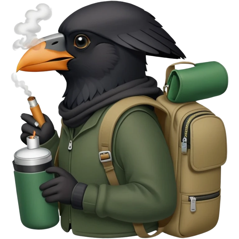 a realistic crow smoking from an iqos and carrying a dark green to khaki backpack on his back emoji