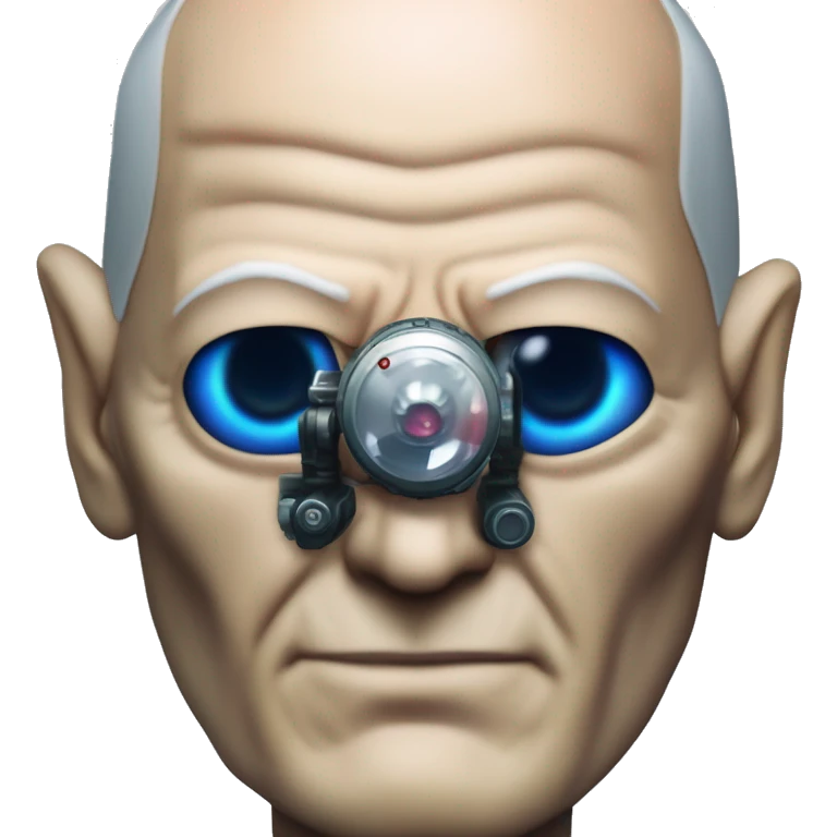 Jean luc picard from Star Trek assimilated by the Borg, with mechanical metal covering only one eye with a red glass lens over the same eye. His other eye looks like a normal human eye and is dark blue. emoji