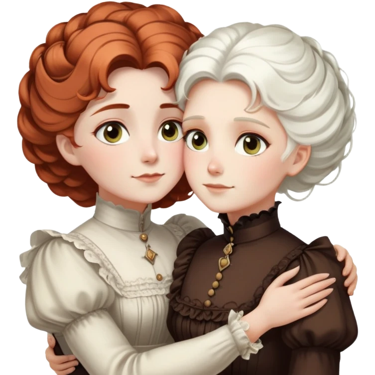 Two Victorian women embracing in a close hug, one with bright white coiffed hair and one with dark copper coiffed hair, both with light eyes, wearing Victorian high-neck dresses emoji