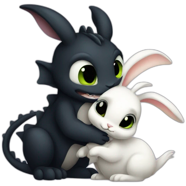 Toothless the dragon hugging a white bunny emoji