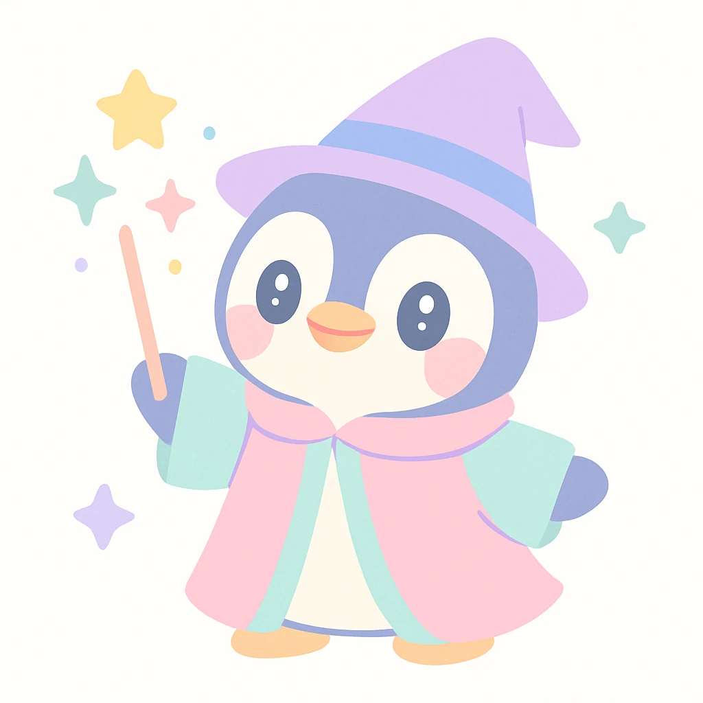 a cute penguin wizard casting a spell, wearing a robe and holding a wand, magical sparkles around emoji