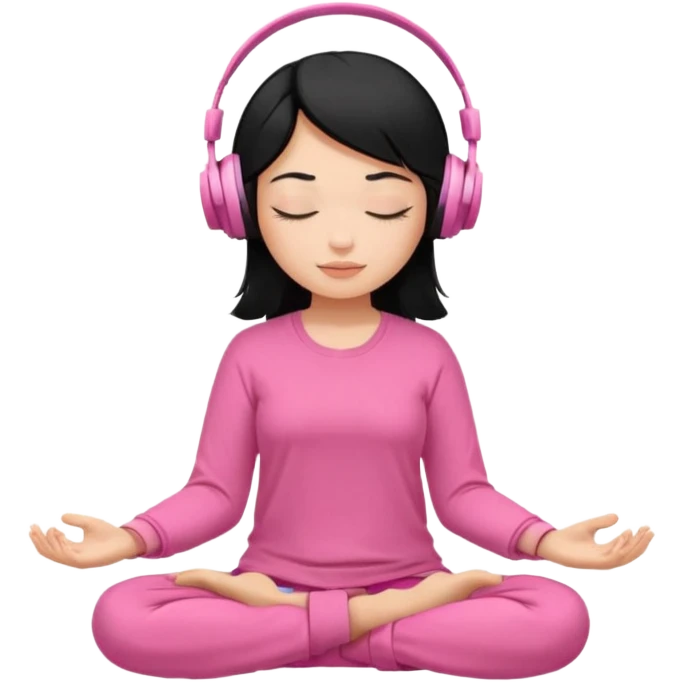 Chica de pelo negros con los ojos cerrados escuchando musica en audifonos y con camisa rosa mientras medita emoji