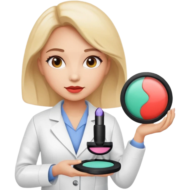 woman scientist in a lab coat presenting a makeup cushion modern technology vibe emoji