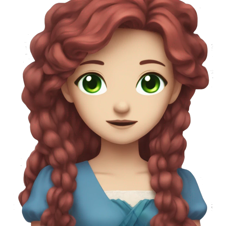 A anime girl with long dark red hair and green eyes wearing a blue dress emoji