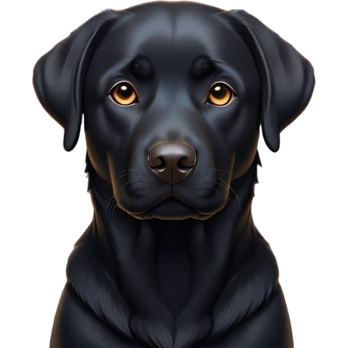 Cinematic Noble Black Labrador Portrait Emoji, Poised and regal, with a robust, muscular build and a sleek, shiny pure black Fur, deep-set soulful brown eyes, Simplified yet sharp and sophisticated features, highly detailed, glowing with a soft, dignified glow, high shine, intelligent and gentle, stylized with an air of confidence, focused and attentive, soft glowing outline, capturing the essence of a watchful and loving companion, so majestic it feels as though it could bound out of the screen with effortless authority! emoji