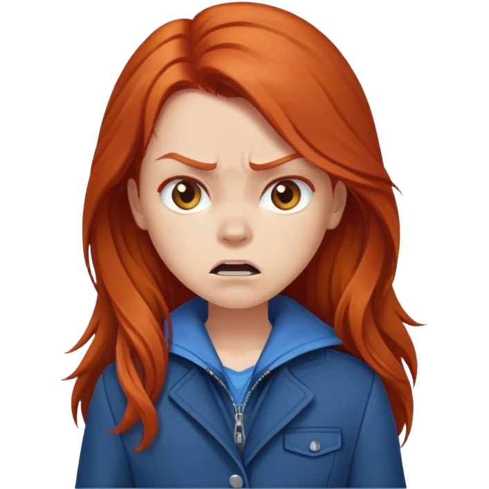 Redhead girl with long hair in blue jacket looking angry emoji