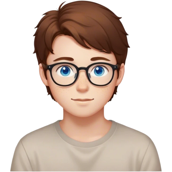 18 year old, brown hair, blue eyes, freckles, cute handsome, medium hair. a bit nerdy, perfect for github profile pics emoji