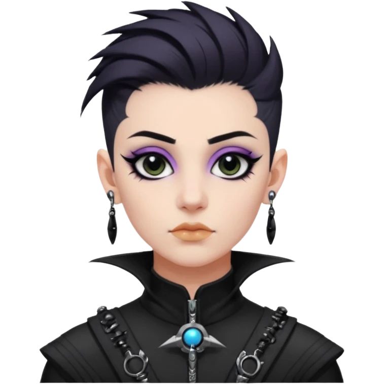 nonbinary space scientist with dark hawk hair and shaved sides, black bridge piercing and ear tunnels, goth eyeliner emoji
