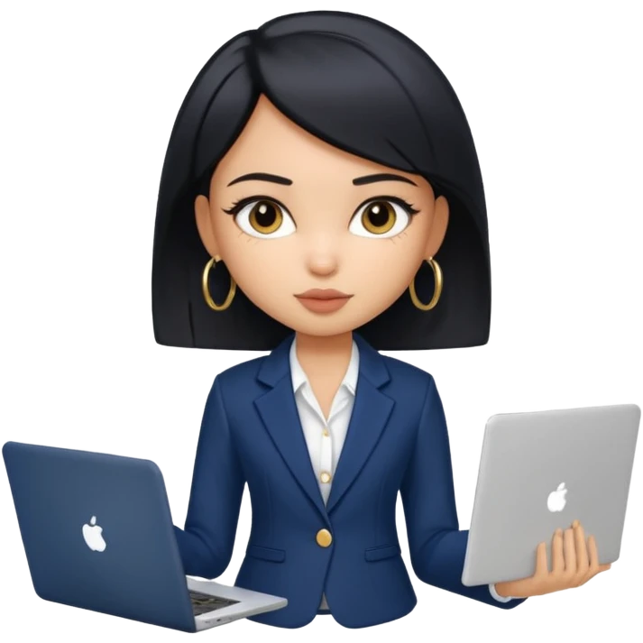 a pretty bratz girl with straight black short hair wearing a dark blue blazer and carrying a laptop. gold small hoops emoji