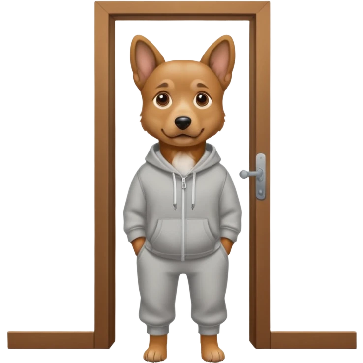 Dog in sweatpants looking out a door emoji