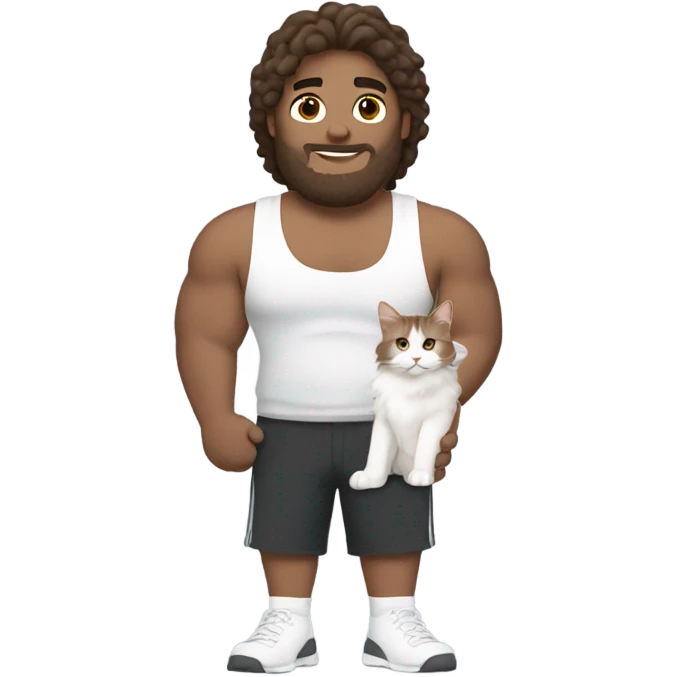 big gym guy with brown hair holding a white maine coin cat emoji