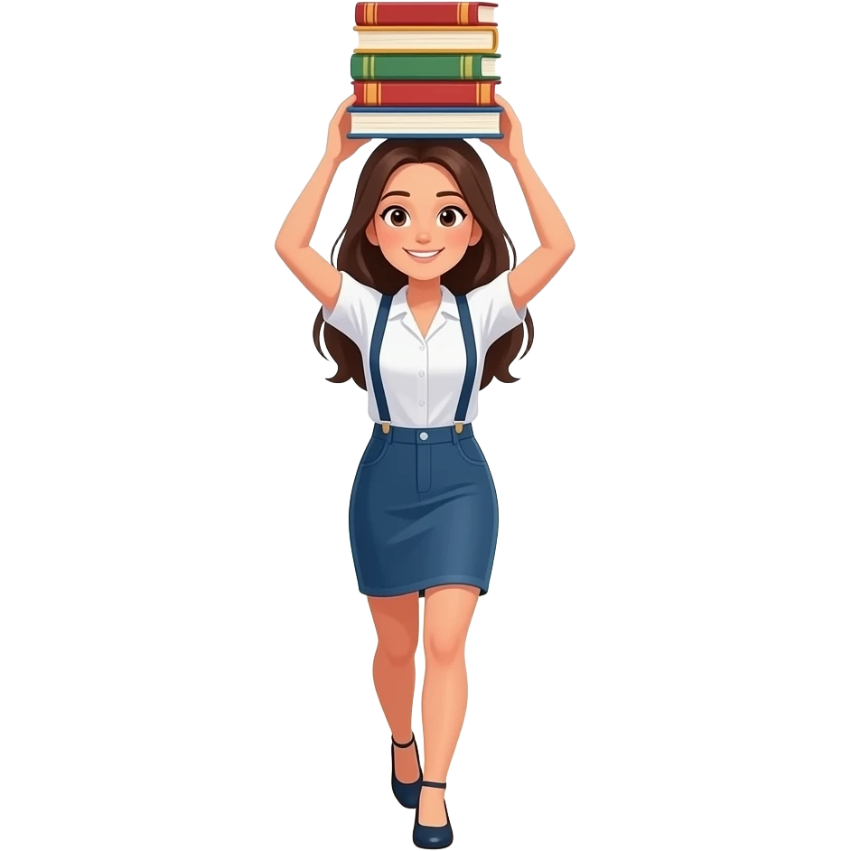 mujer cuerpo completo caminando manteniendo el equilibrio con libros en la cabeza sin tocarlos emoji