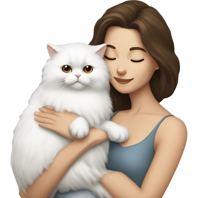 Brunette woman snuggling white Persian cat emoji