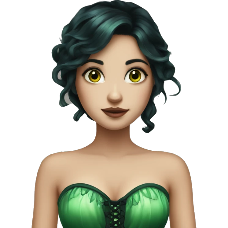 Fairy with long black hair pale skin deep green wings and green corset emoji