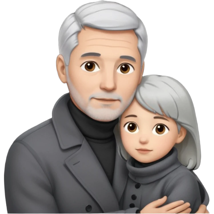A father with silver-grey hair styled neatly and a clean-shaven face, wearing a dark turtleneck and wool coat, holding his girl child gently.  emoji