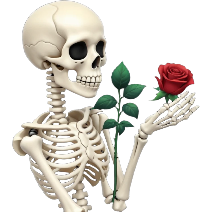 Skeleton smelling black rose that is in the skeletons hand emoji
