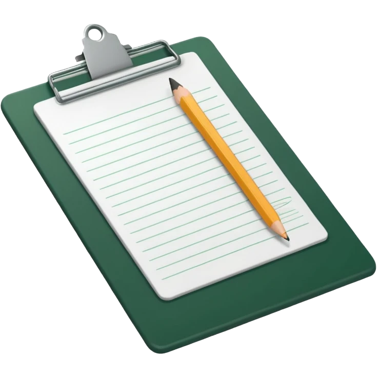 white sheet of paper with dark green clipboard, pencil lying on paper, iOS emoji style, minimalism emoji