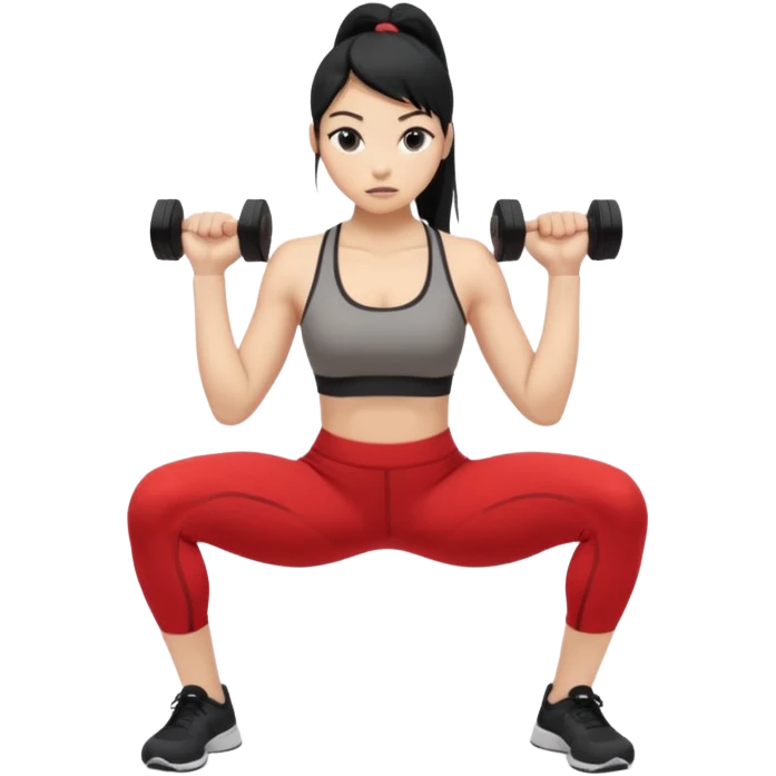 Women with long black ponytail doing a squat with no weights emoji