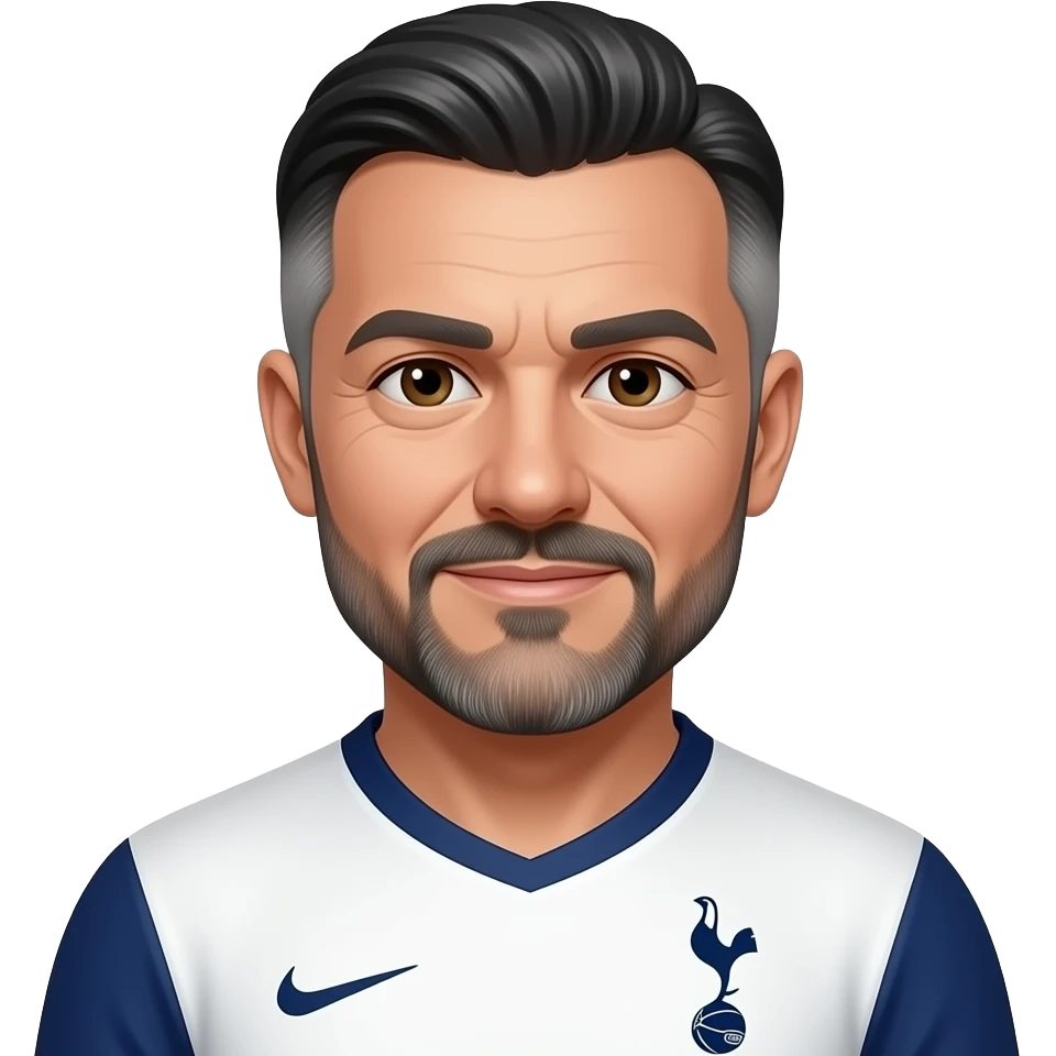 White man in his 50’s. Black and white hair parted in the middle. Hair is relatively short. Thin black and grey mustache and beard. More grey than black. Brown eyes. Wearing a Tottenham home jersey. Eyes are small, eyebrows are thick emoji