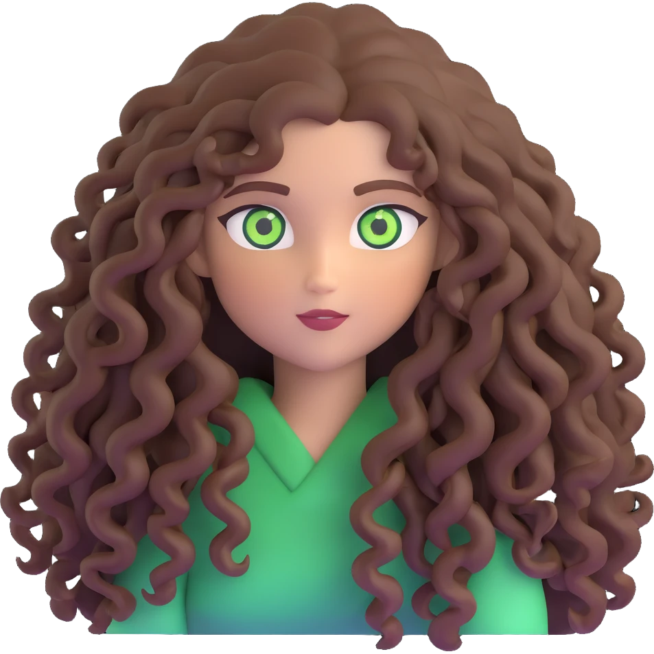 Character with extremely long enormous curly brown hair and striking green eyes emoji
