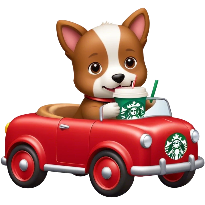 Dog riding in a baby toy car with Starbucks in its hand emoji