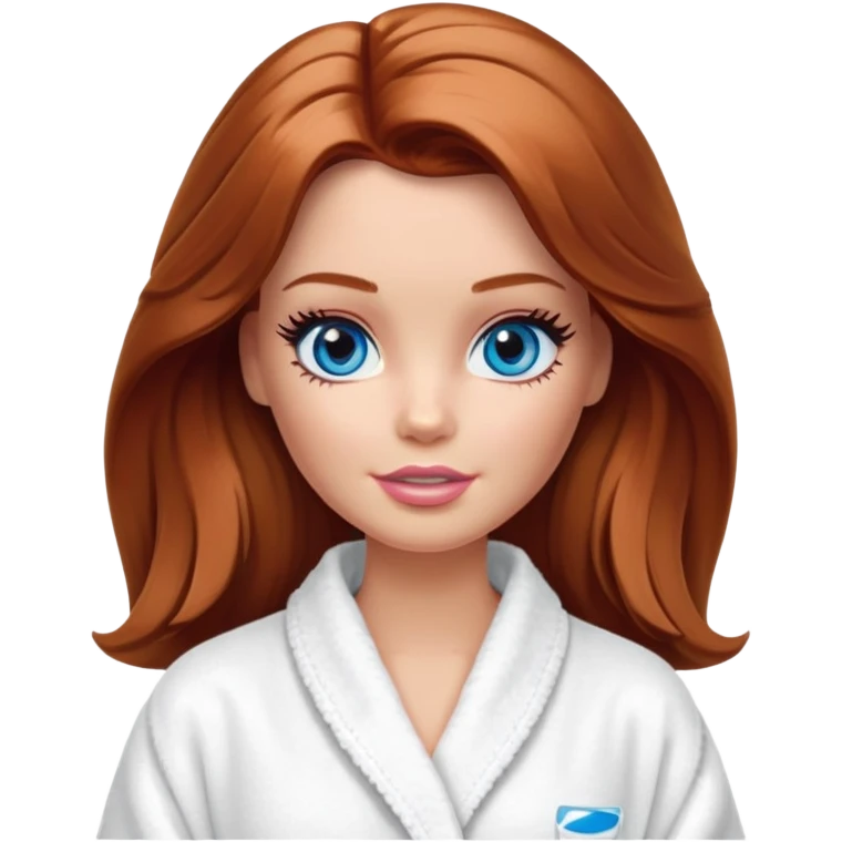 Barbie's face eyes blue with shoulder-length reddish-brown hair, makeup, cream smeared on her face , in a bathrobe with emoji