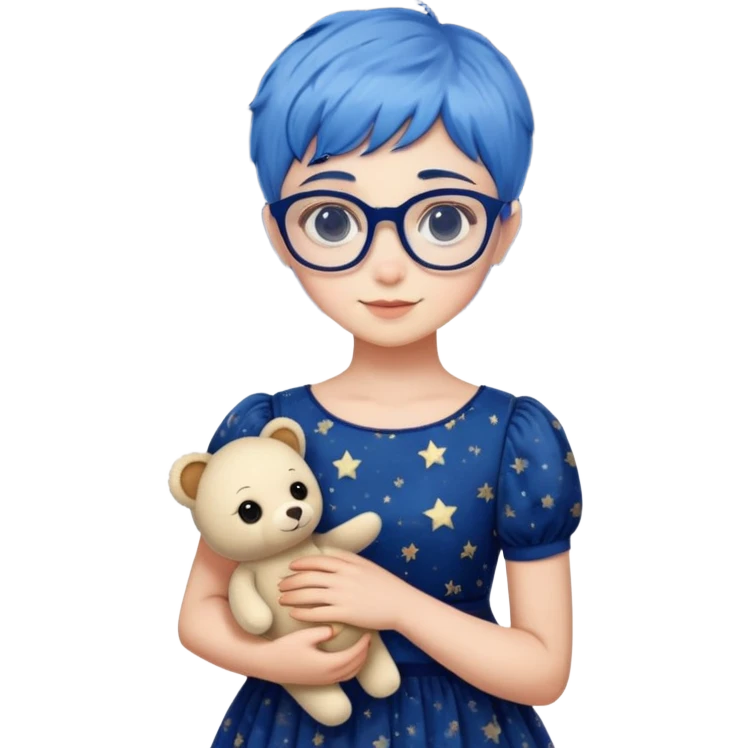 26 year old female wearing glasses, short blue pixie hair, a starry night inspired dress holding a stuffed animal  emoji