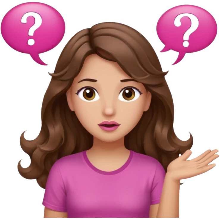 girl with long wavy brown hair, brown eyes, light to medium complexion, in a pink shirt, pink lips, long lashes, shugging, question mark one speech bubble emoji